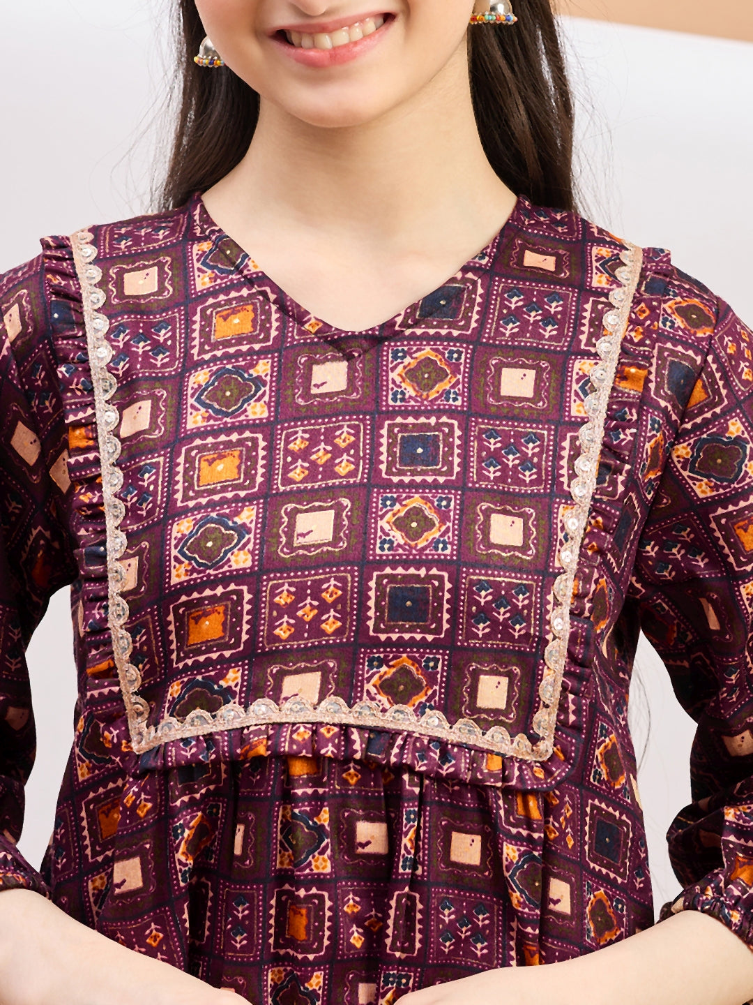 Girls Ankle Length All over Print Kurti Set - Maroon