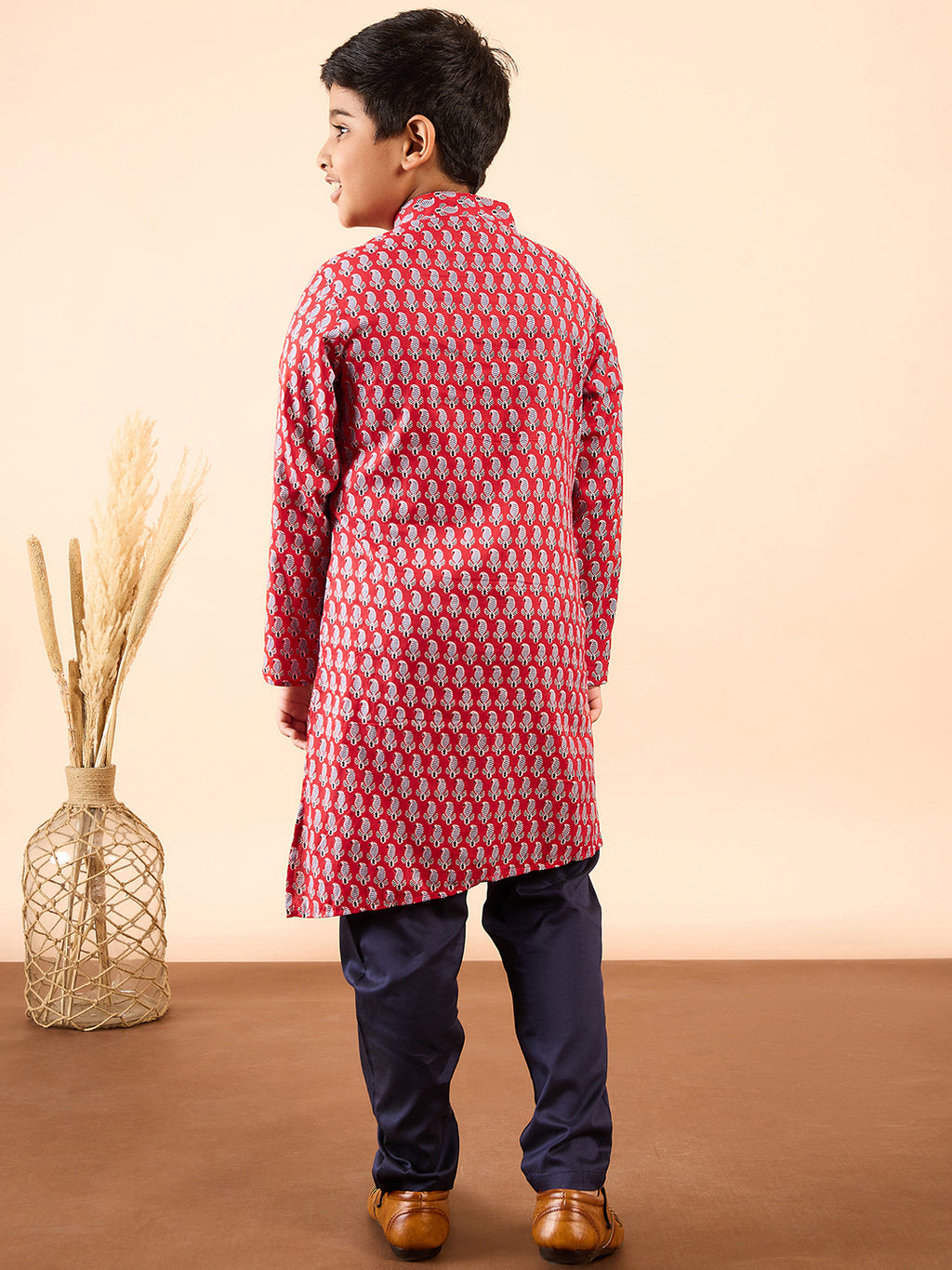 Boys Knee Length Printed Kurta Set - Red