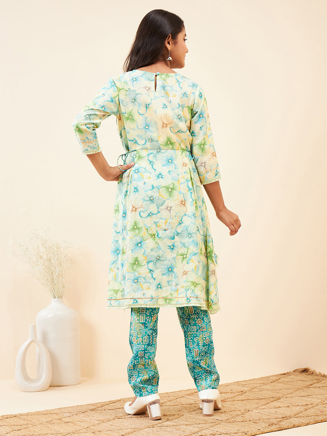 Girls Ankle Length Printed Kurti Set - Green