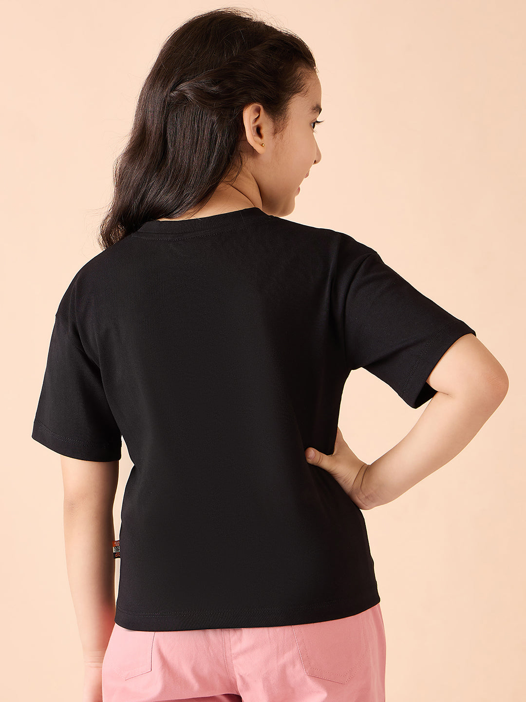 Girls Hip length Printed T-shirt - Black