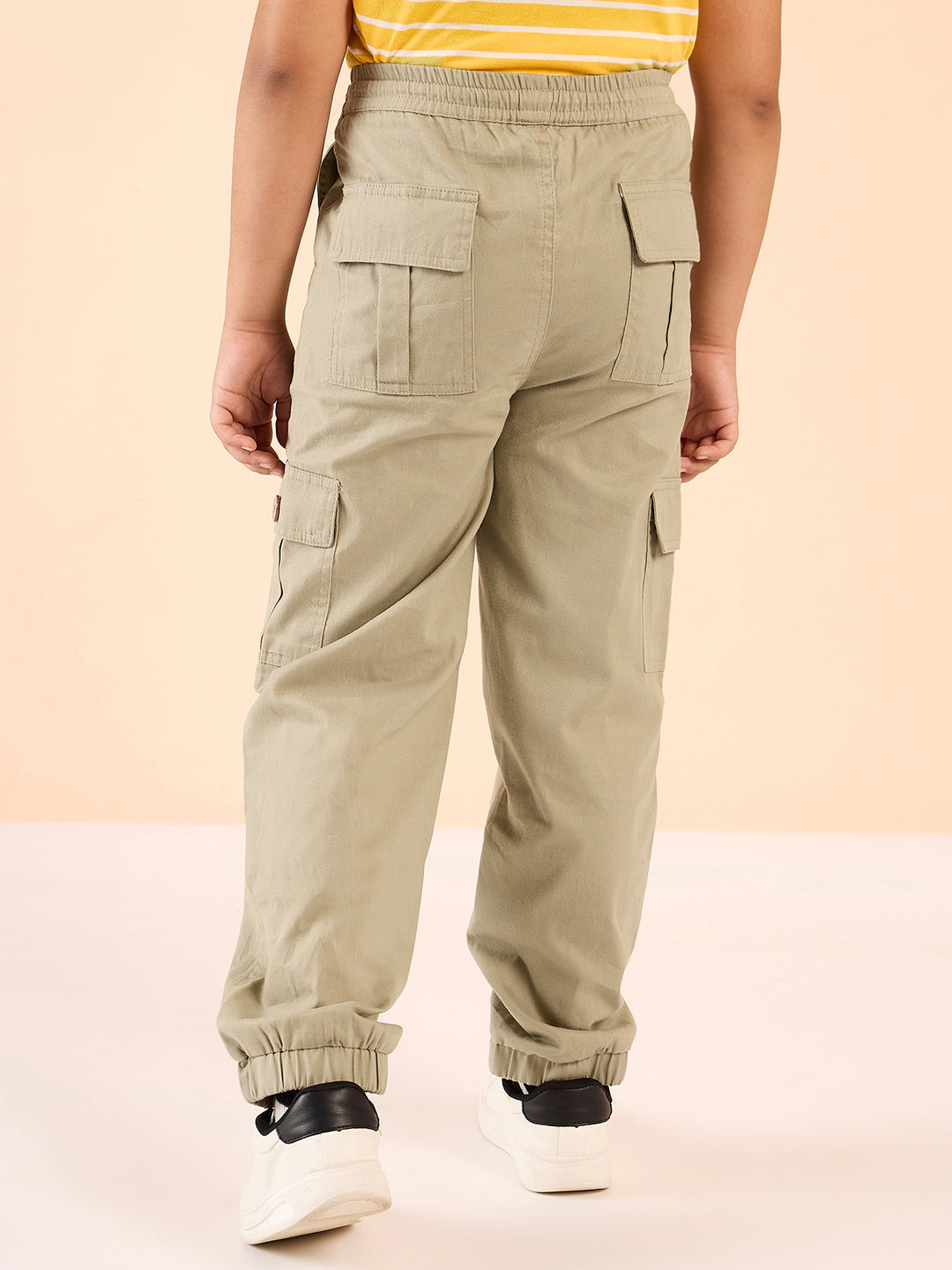 Boys Ankle Length Solid Cargo Pants - Beige