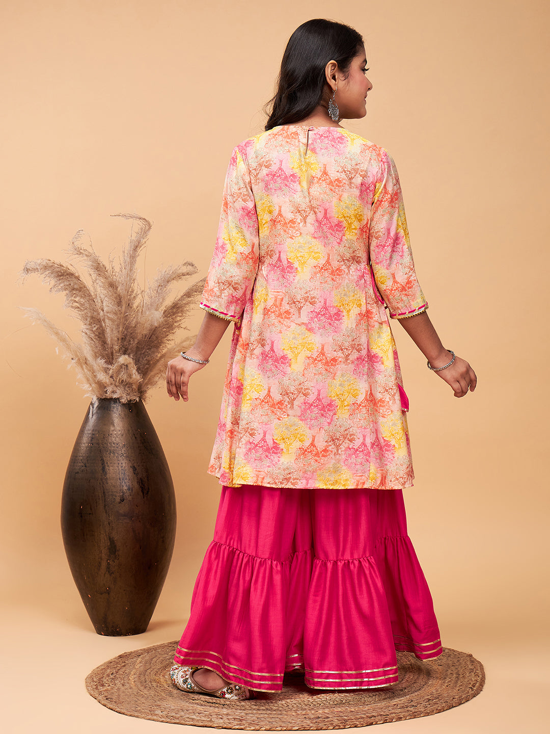 Girls Mid Thigh Printed Kurti Set - Pink