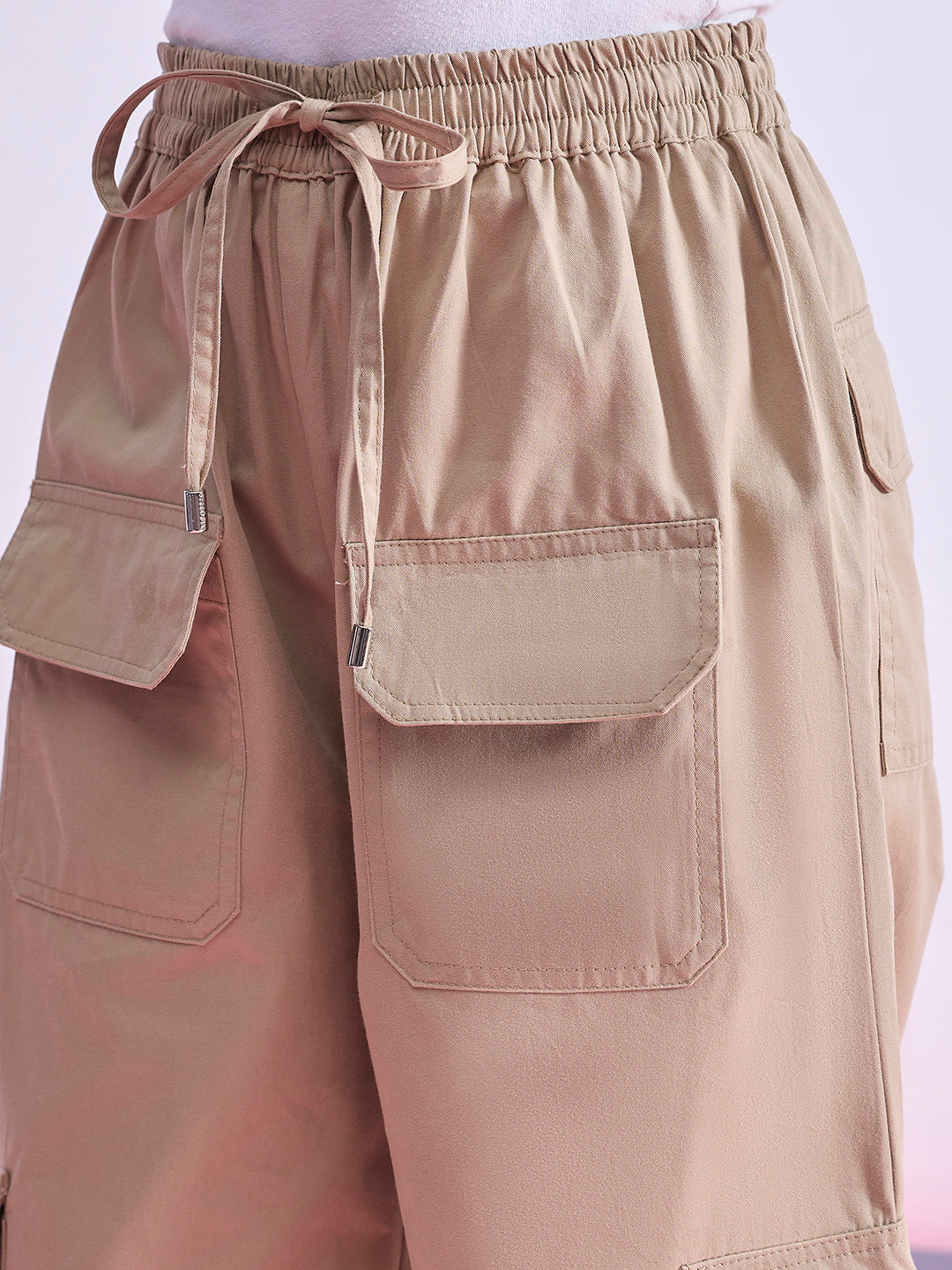 Girls Ankle Length Solid Cargo Pants - Beige