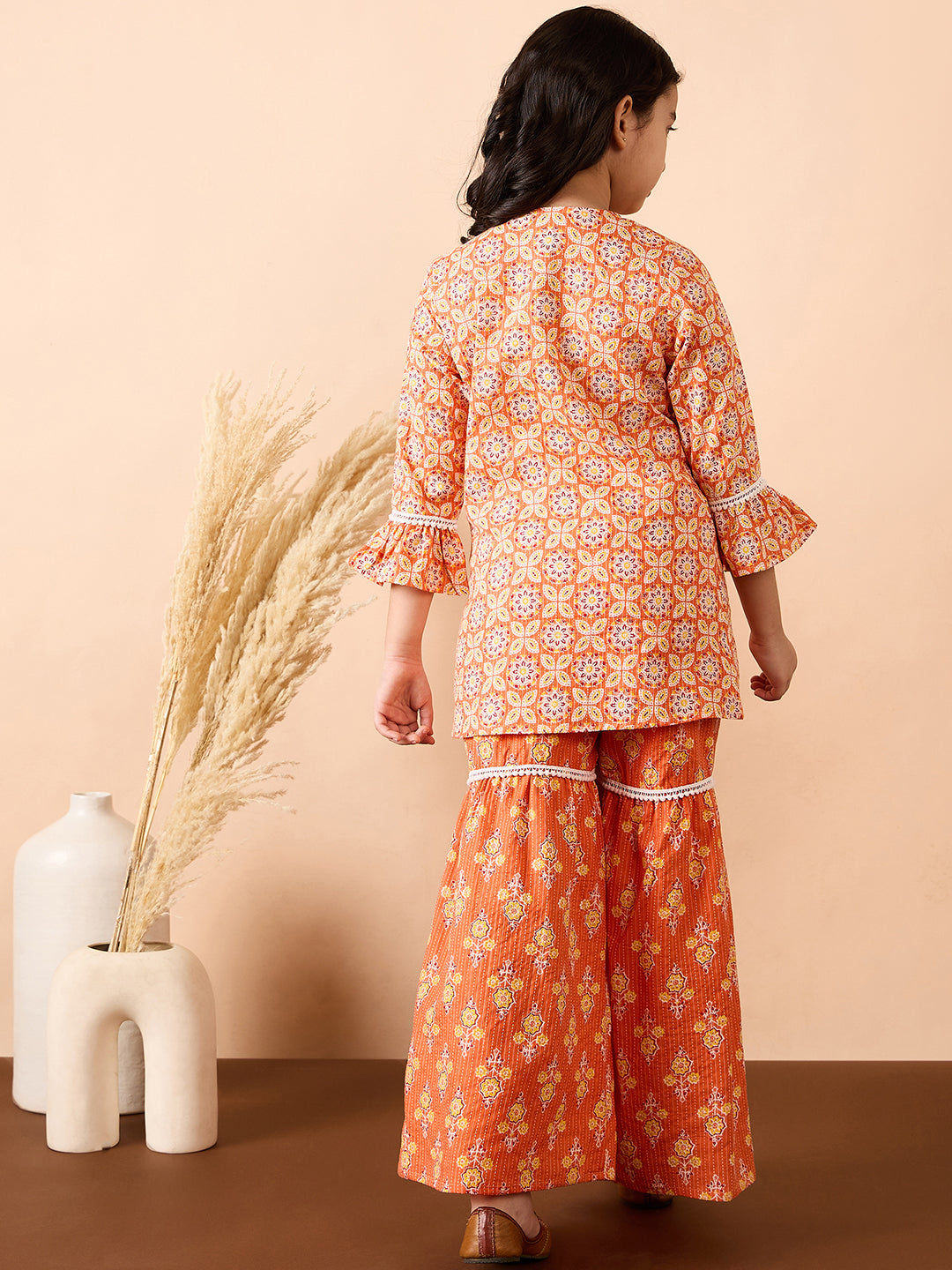 Girls Ankle Length All over Print Kurti Set - Orange