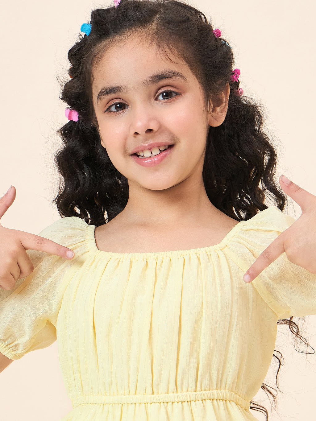 Girls Knee Length Solid Dress - Yellow