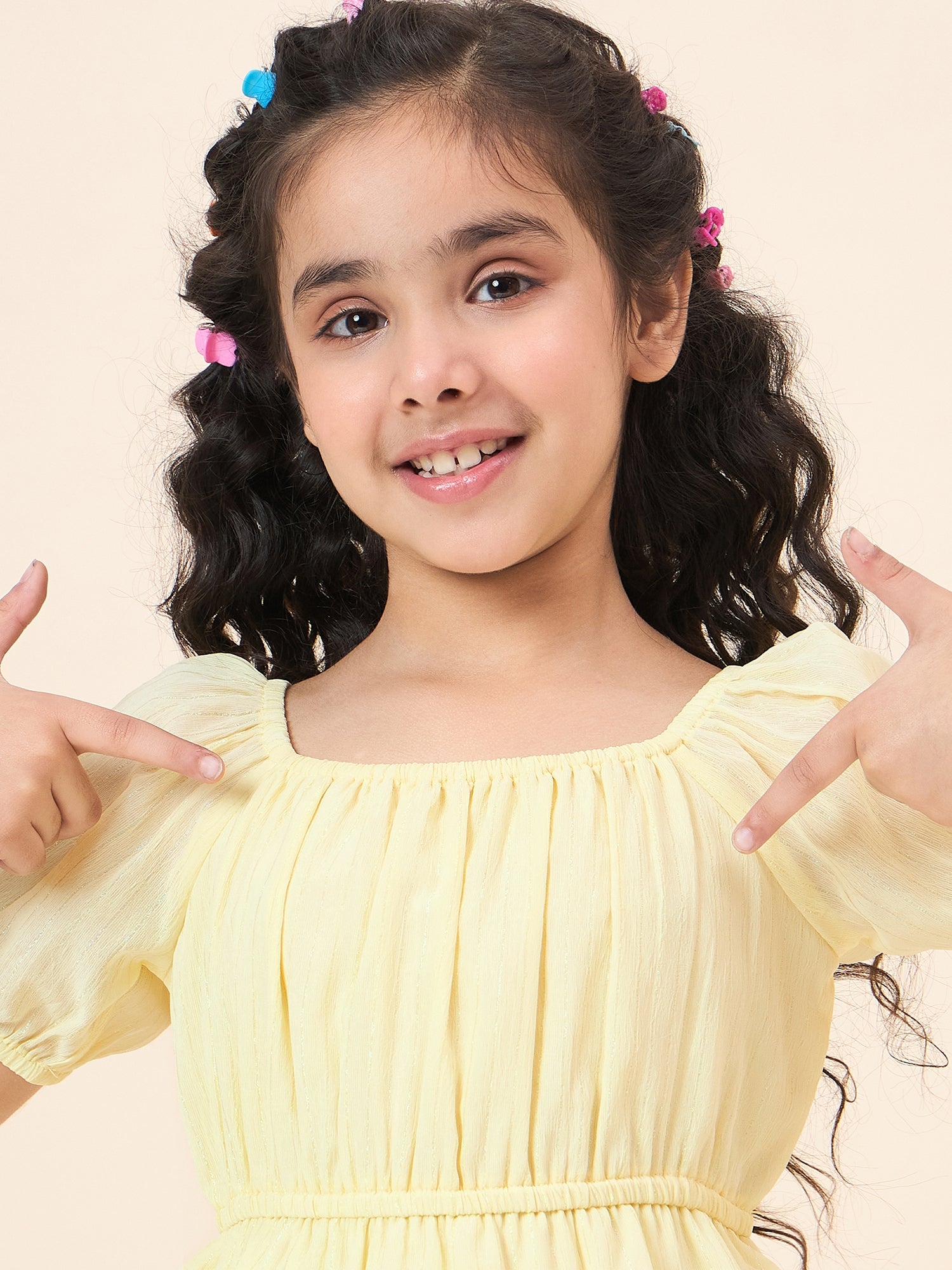 Girls Knee Length Solid Dress - Yellow