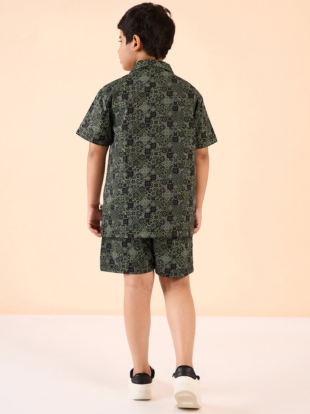 Boys Mid Thigh Printed Shirt with Shorts - Green