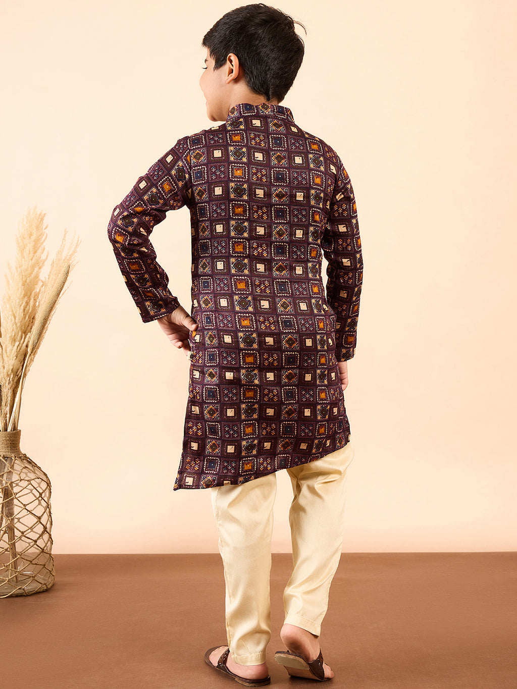 Boys Knee Length Printed Kurta Set - Brown