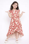 Girls Knee Length All over Print Dress - Brown