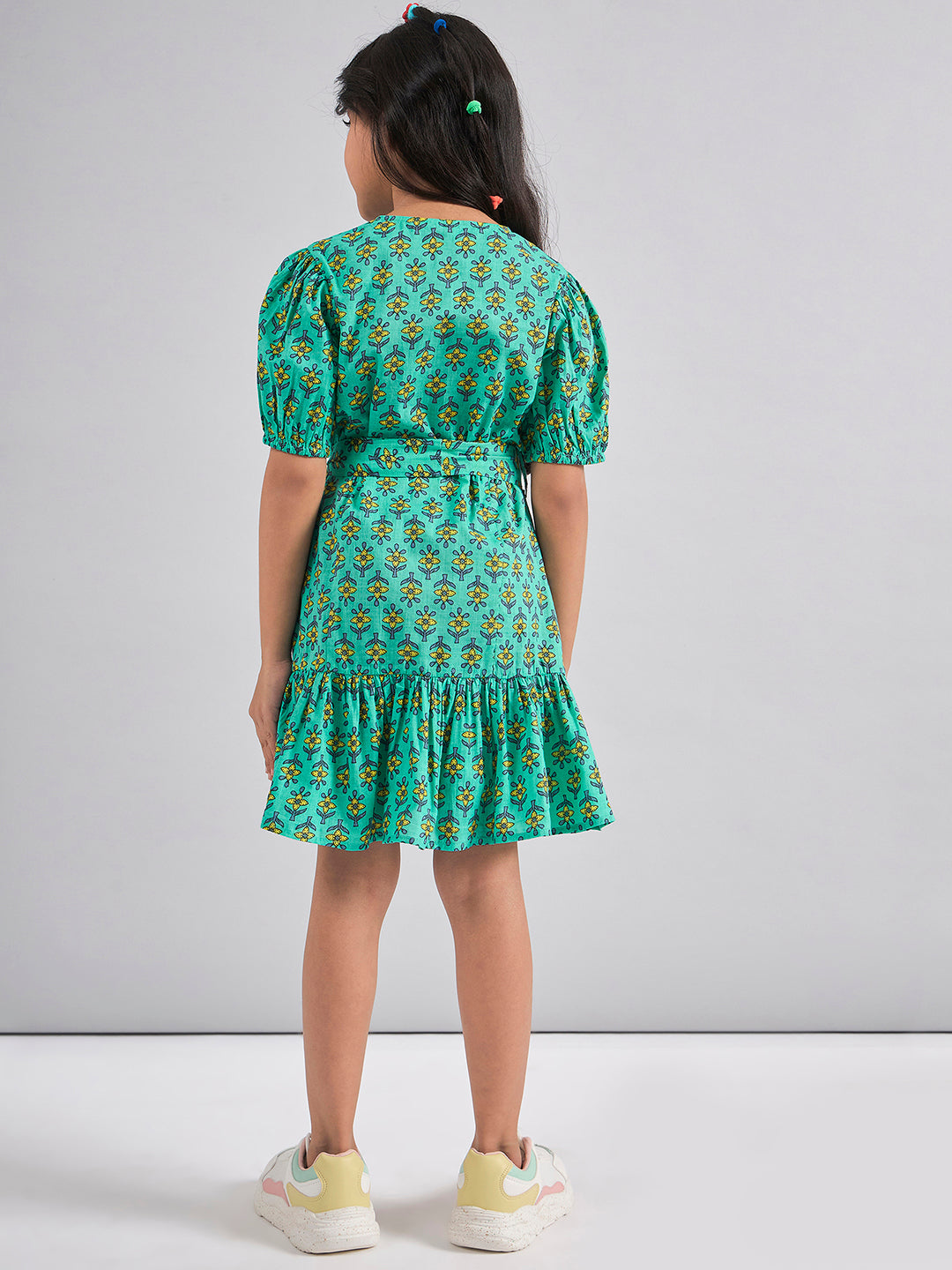 Girls Above Knee Printed Dress - Green