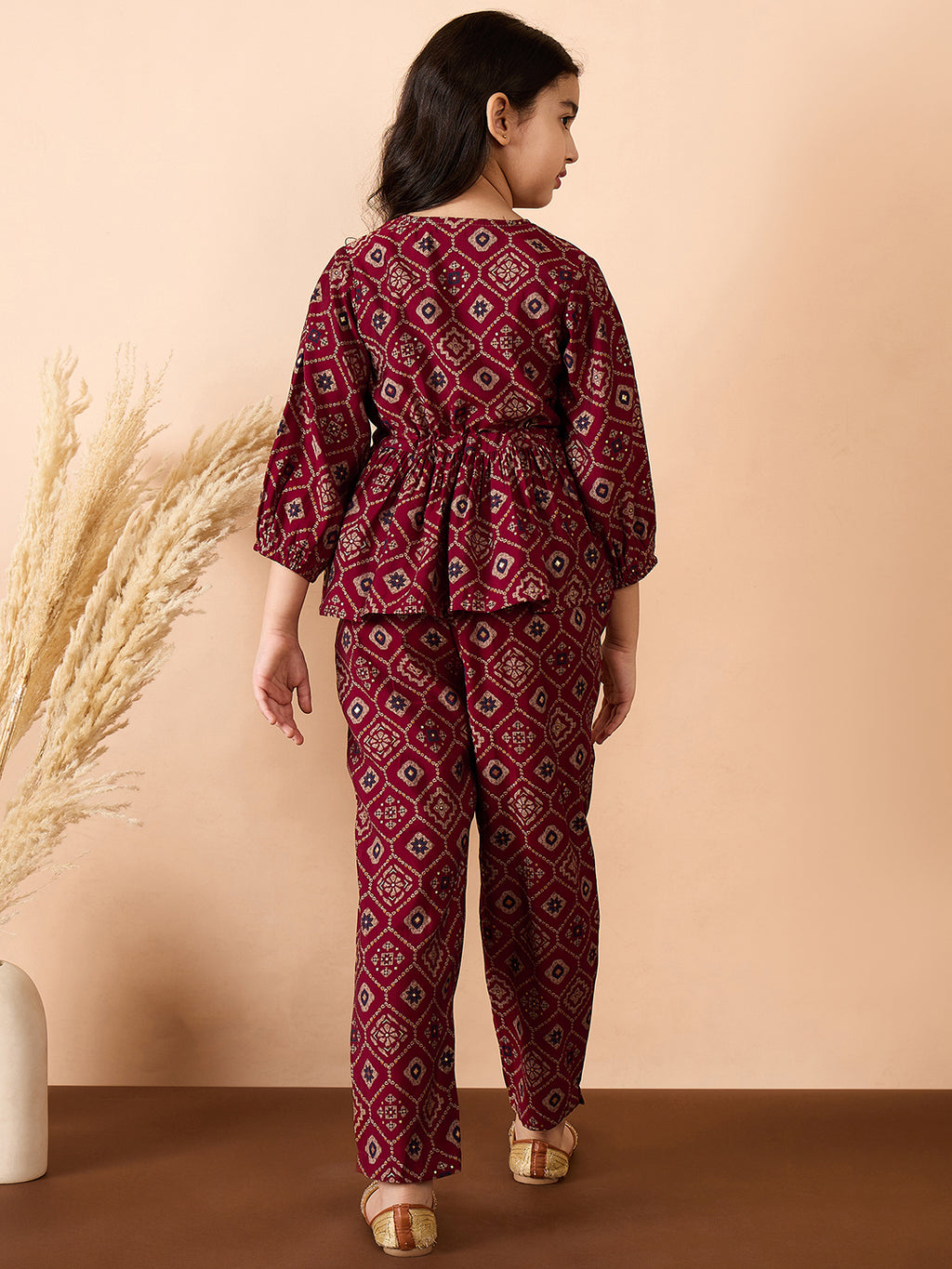 Girls Ankle Length All over Print Kurti Set - Red