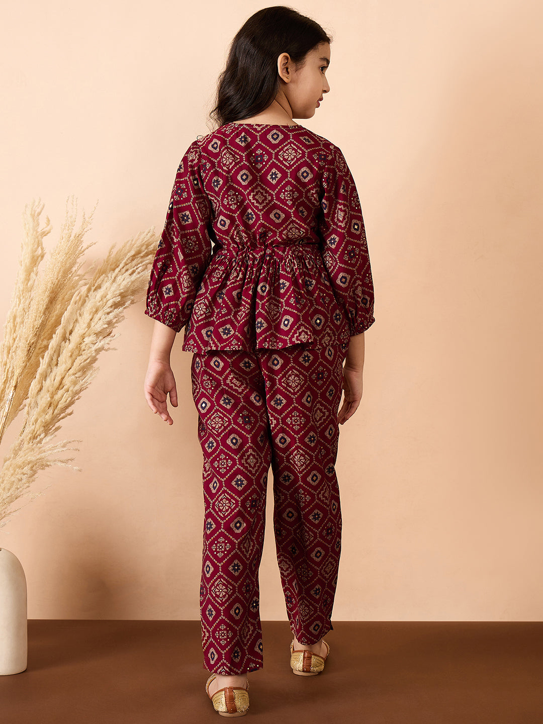 Girls Ankle Length All over Print Kurti Set - Red