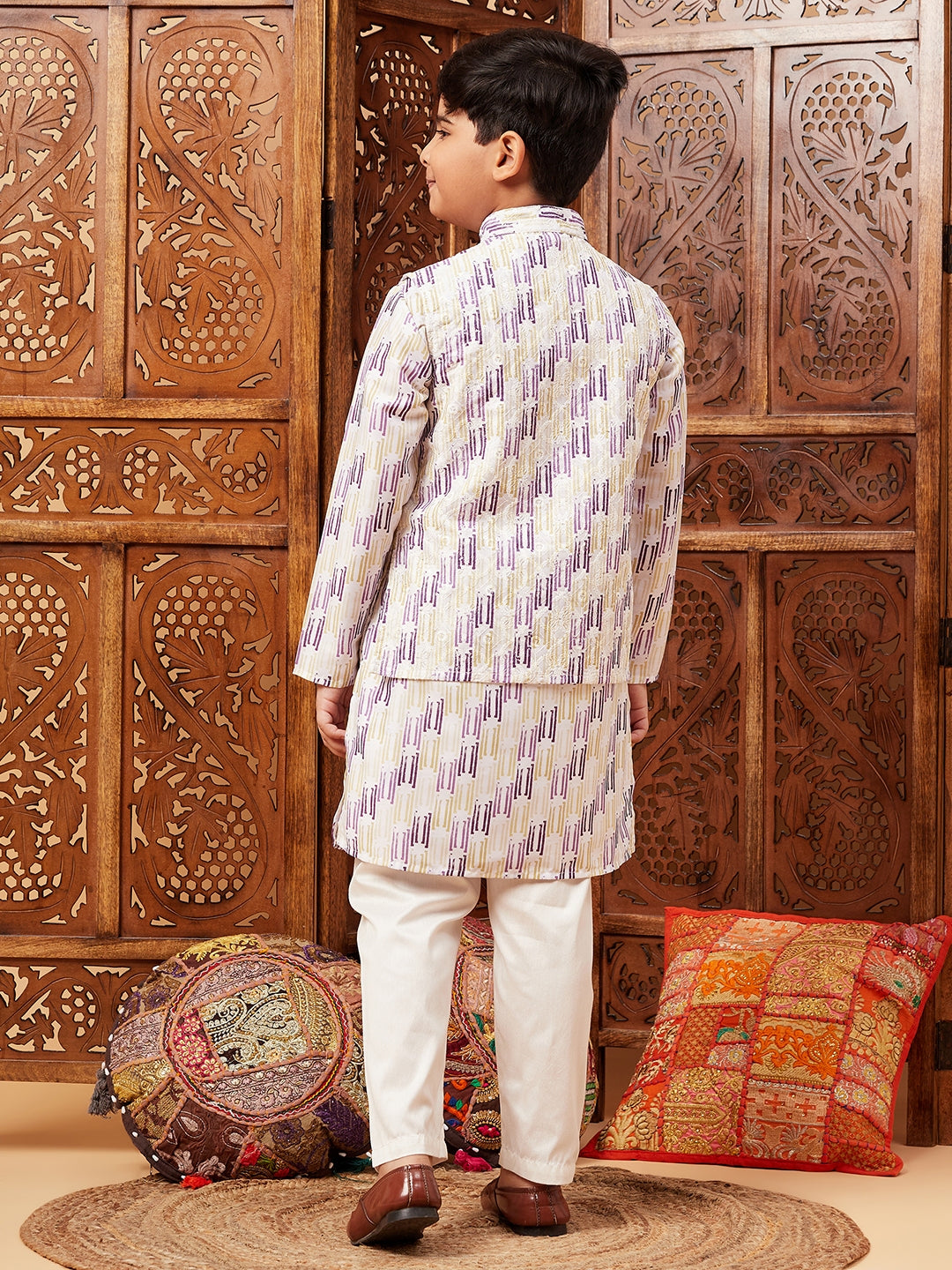 Boys Above Knee Embroidery Kurta Set with Jacket - Purple