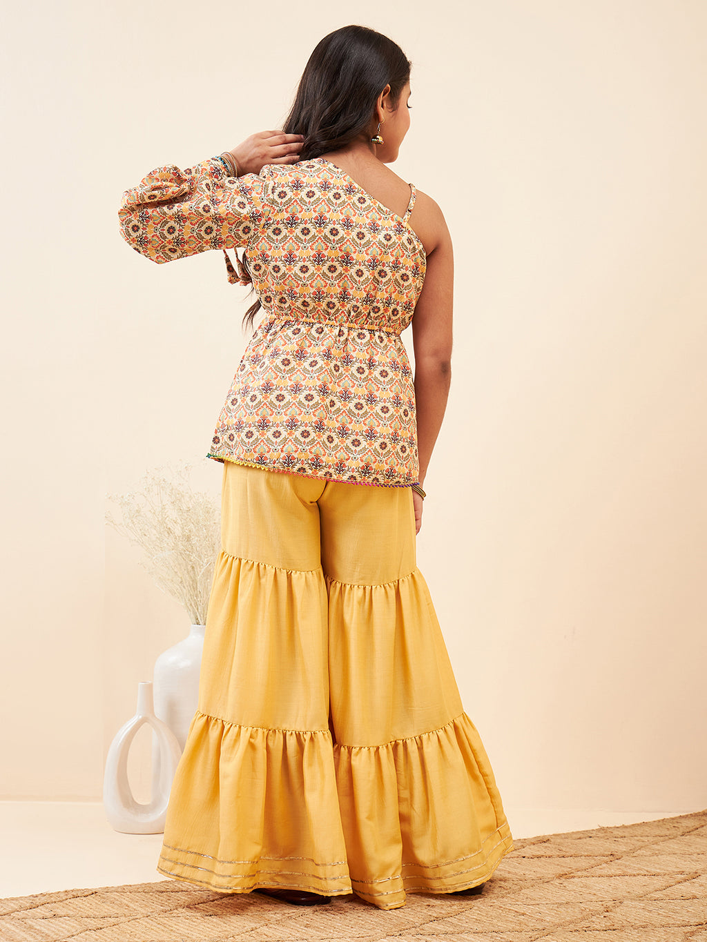 Girls Above Knee Printed Kurti Set - Yellow