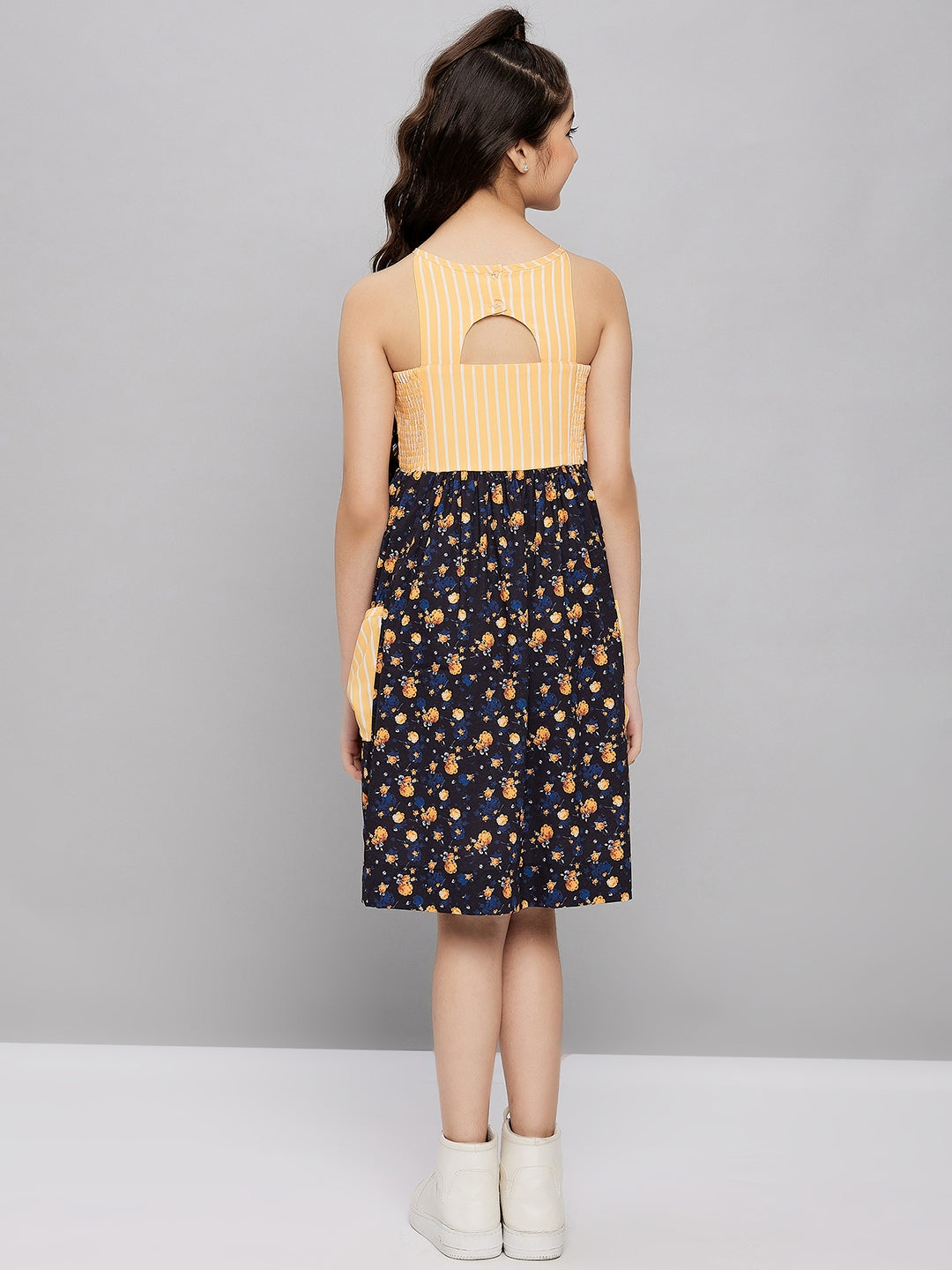 Girls Knee Length Printed Dress - Yellow