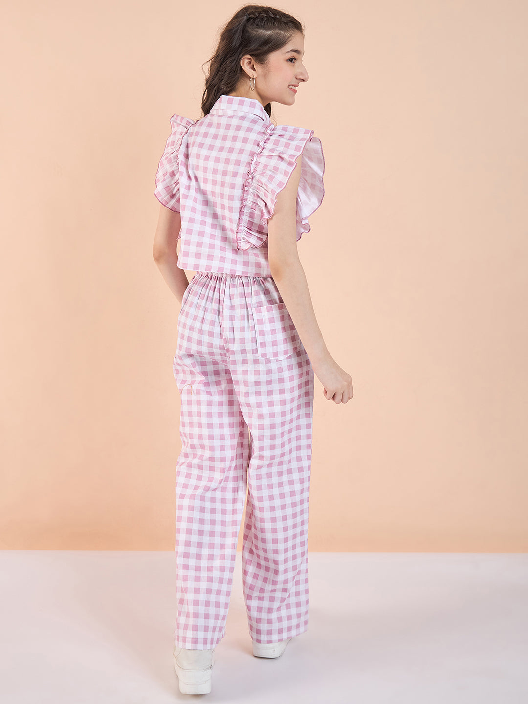 Girls Hip length Printed Top With Pants - Pink