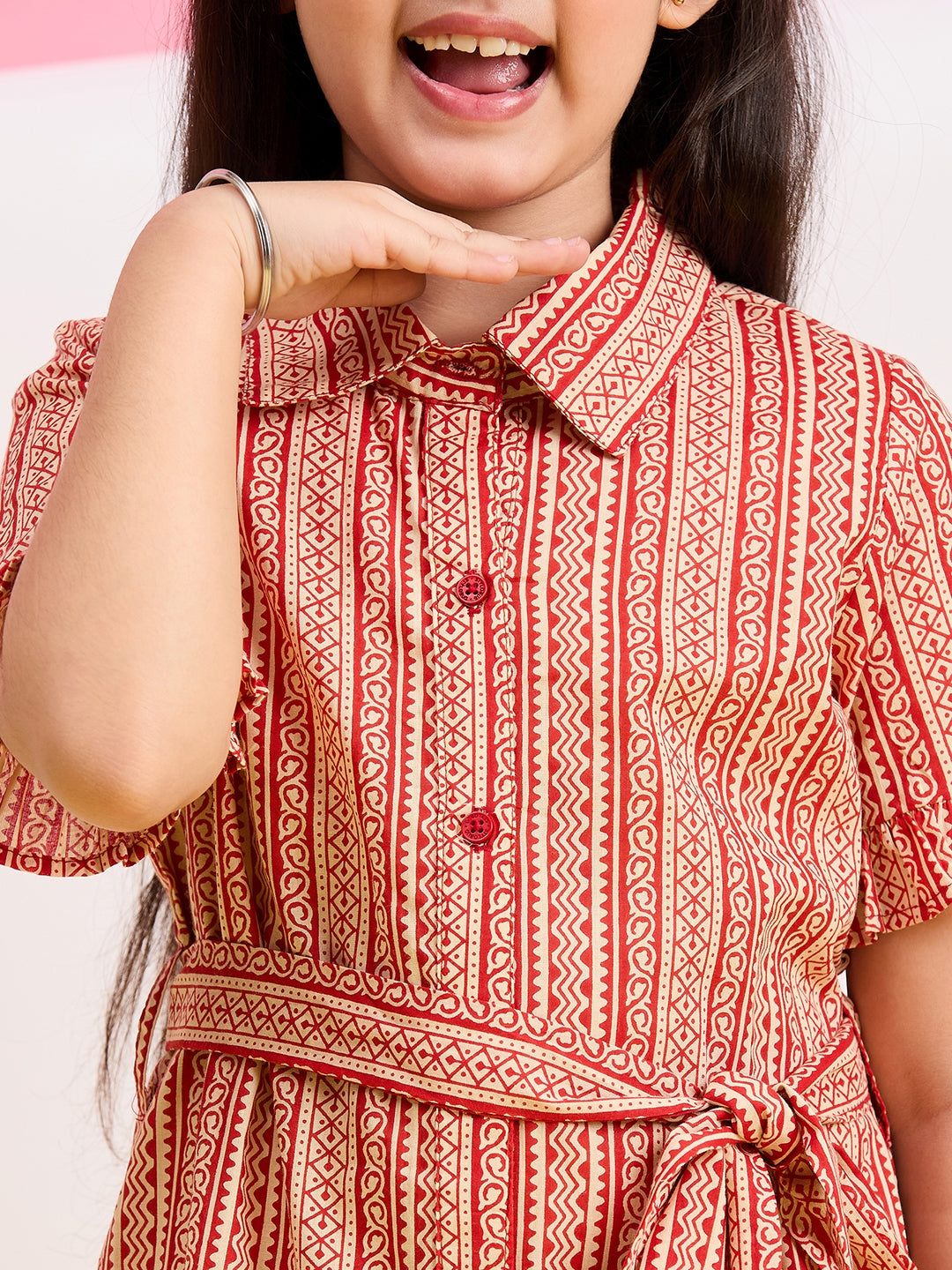 Girls Above knee All over Print Dress - Maroon