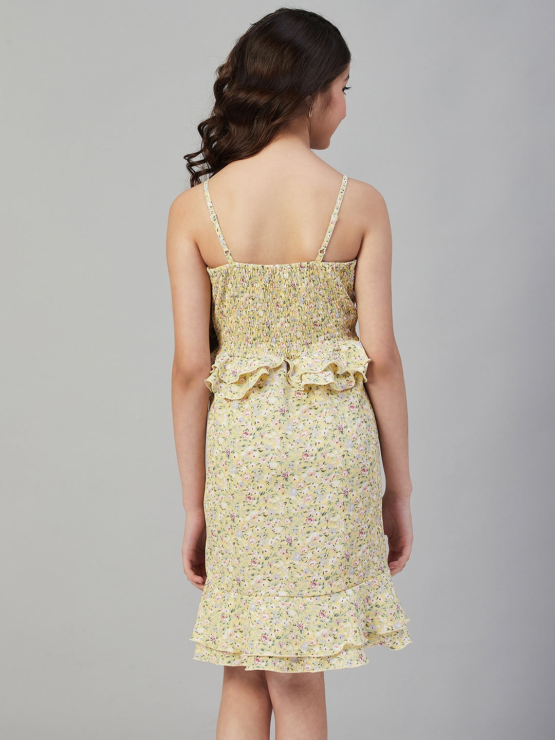 Girls Above Knee Printed Dress - Yellow