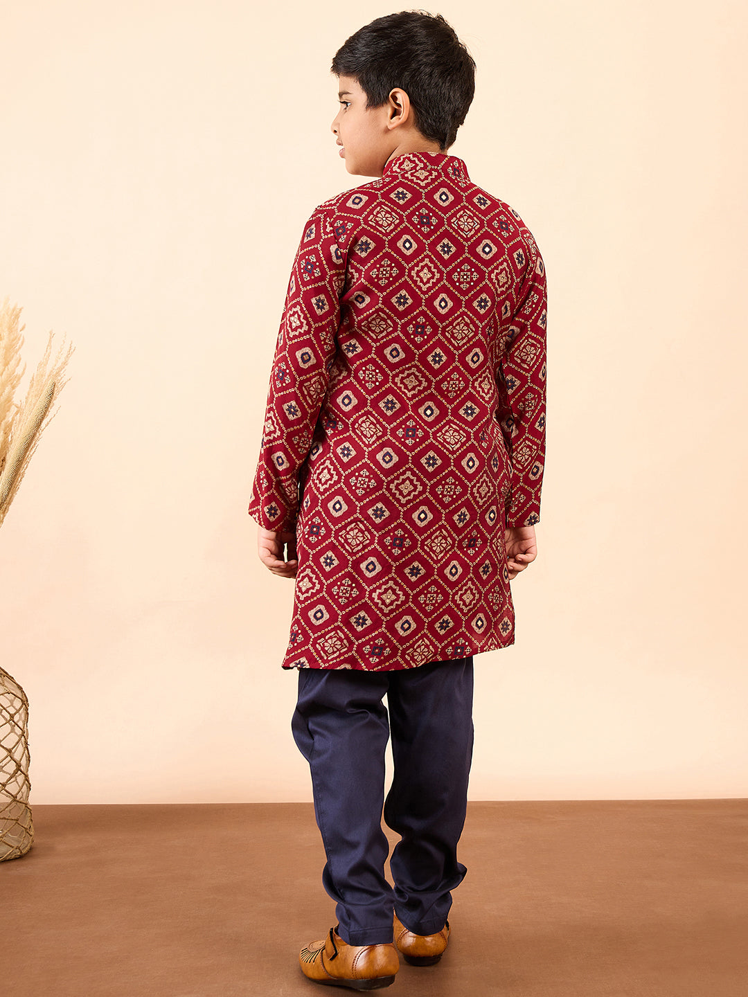 Boys Ankle Length Printed Kurta Set - Red