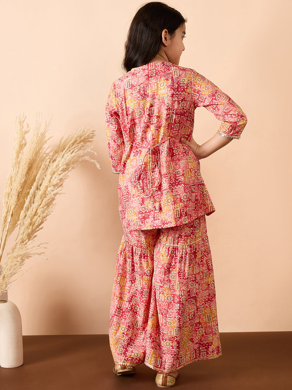 Girls Ankle Length All over Print Kurti Set - Peach