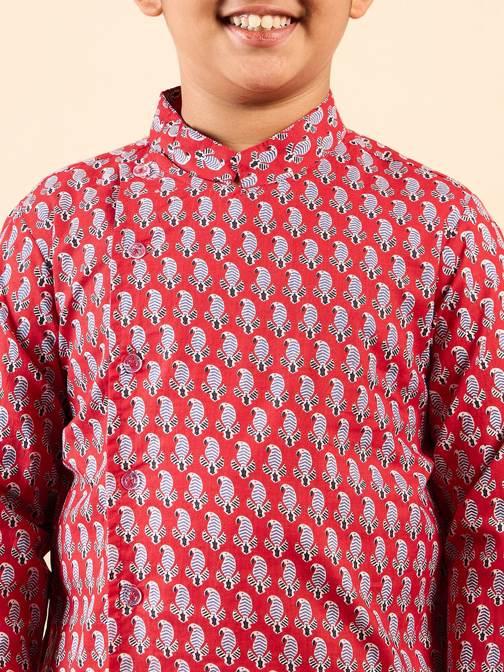 Boys Knee Length Printed Kurta Set - Red