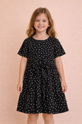 Girls Knee Length All over Print Dress - Black