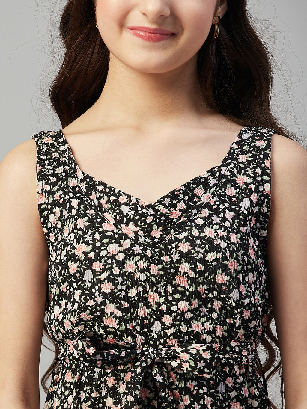 Girls knee length Printed Dress - Black