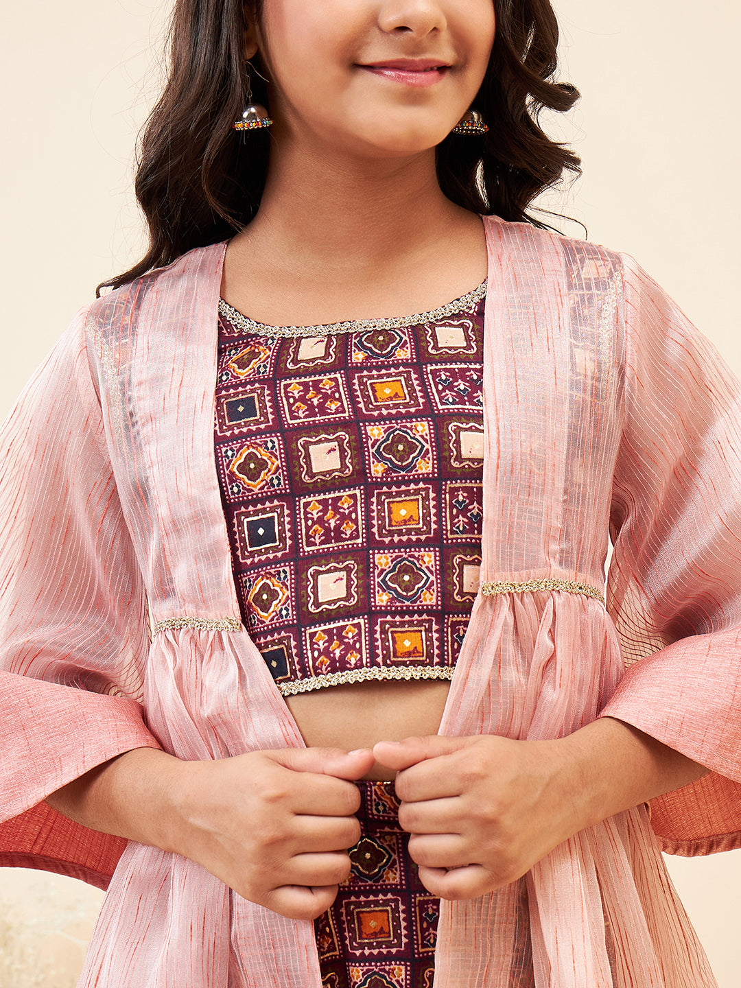 Girls Ankle Length Printed Kurti Set - Purple