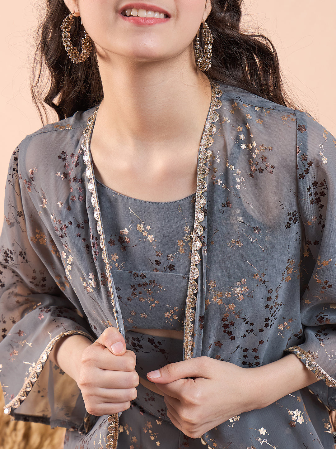 Girls Ankle Length Printed Kurti Set - Grey