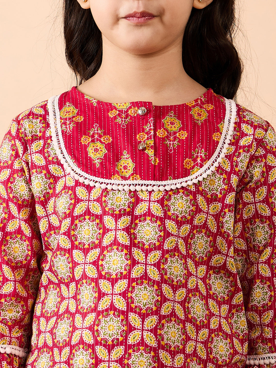 Girls Ankle Length All over Print Kurti Set - Red