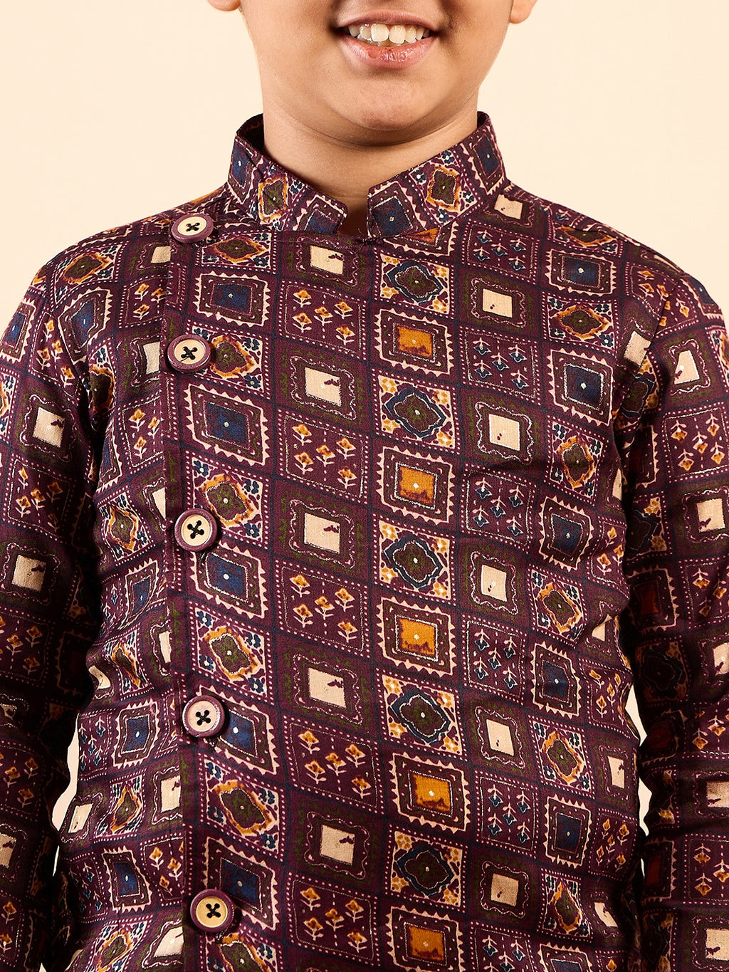 Boys Knee Length Printed Kurta Set - Brown