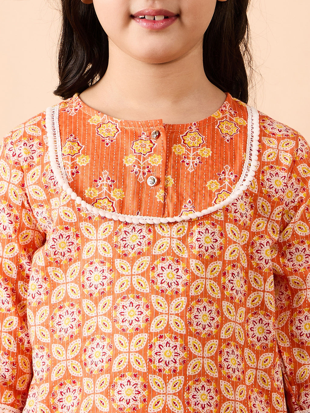Girls Ankle Length All over Print Kurti Set - Orange