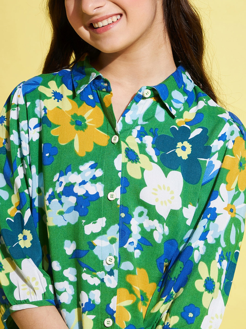 Girls Mid Thigh All over print Top - Green