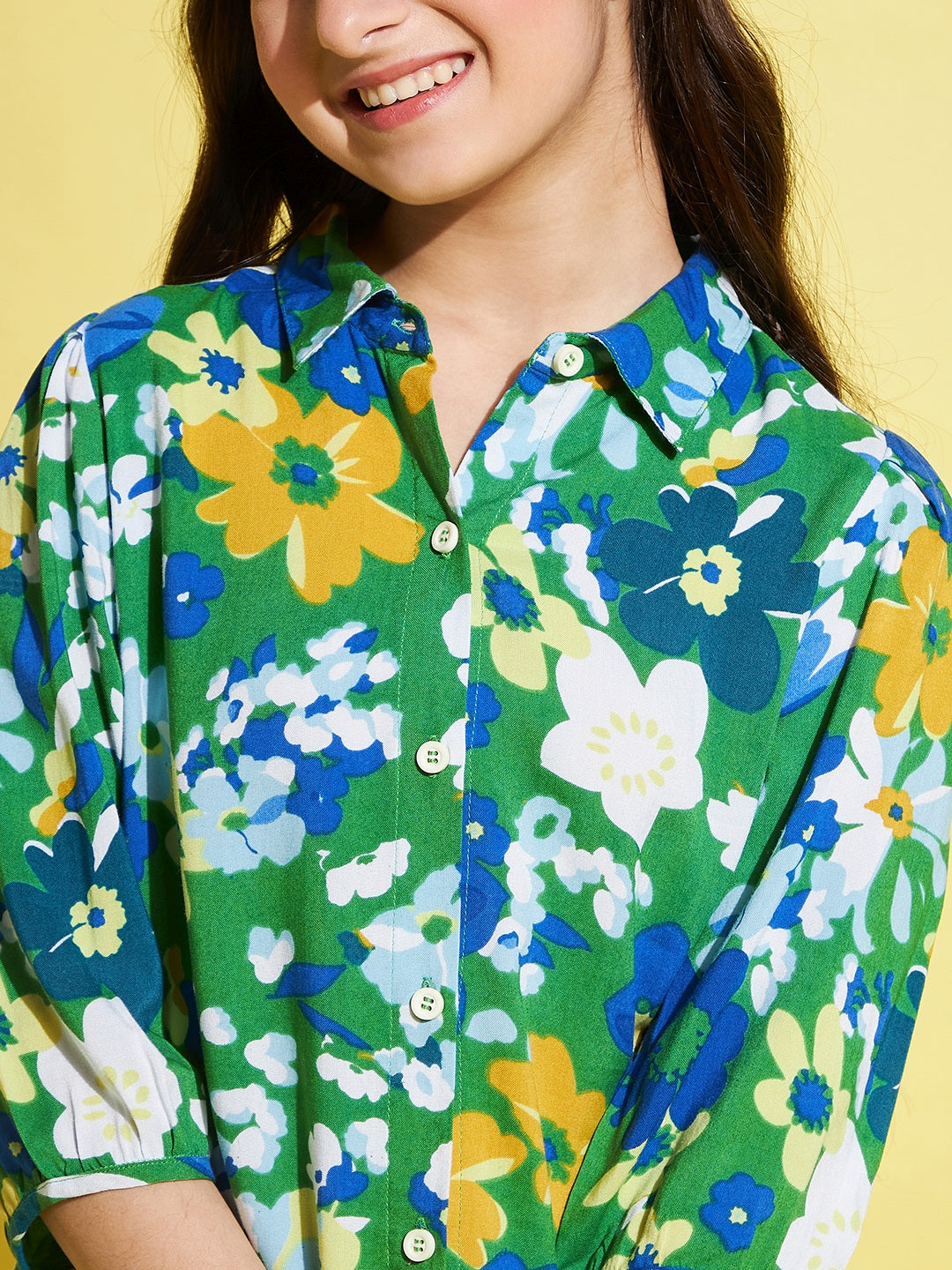 Girls Mid Thigh All over print Top - Green