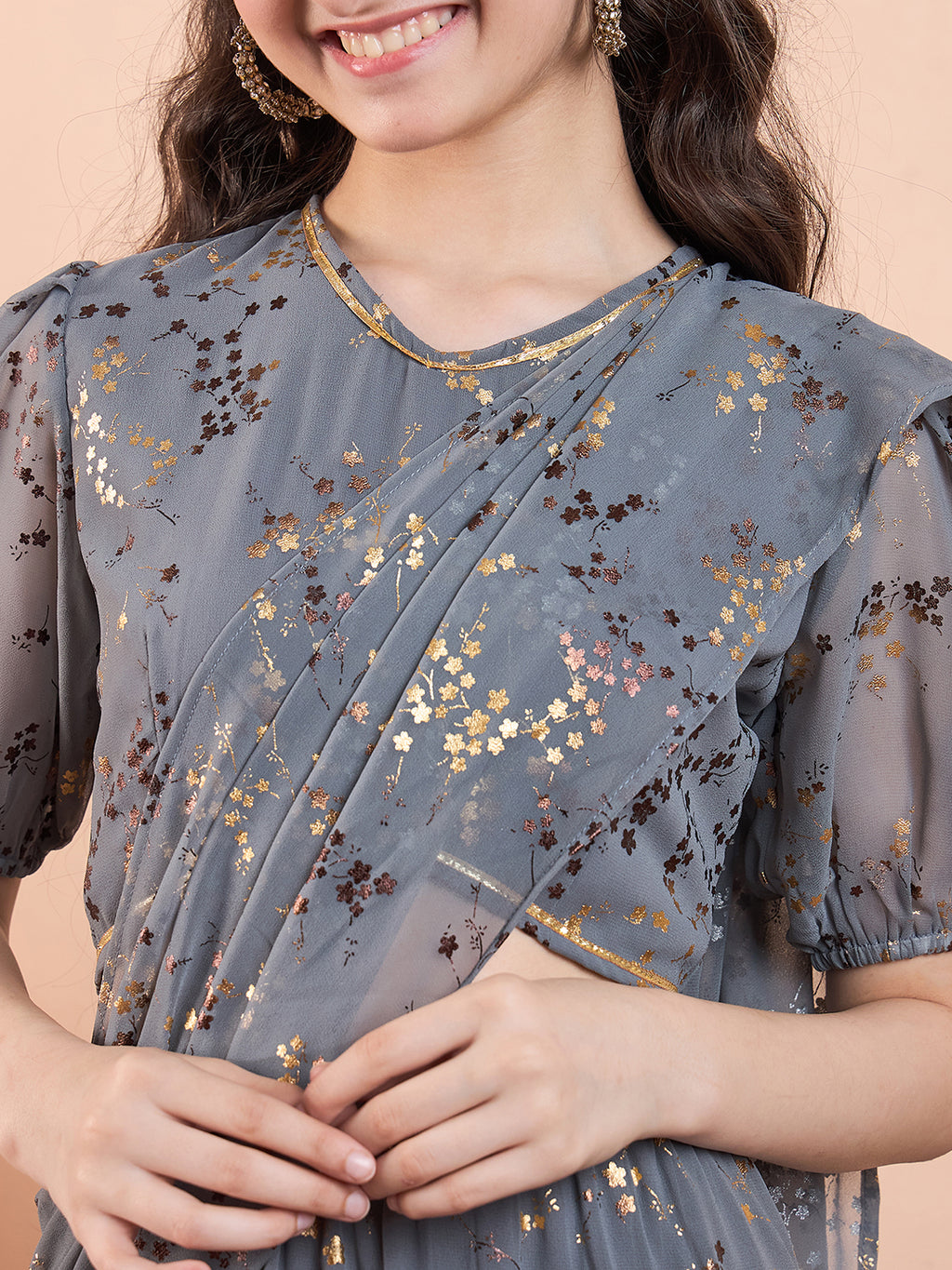 Girls Ankle Length Printed Lehenga Choli - Grey