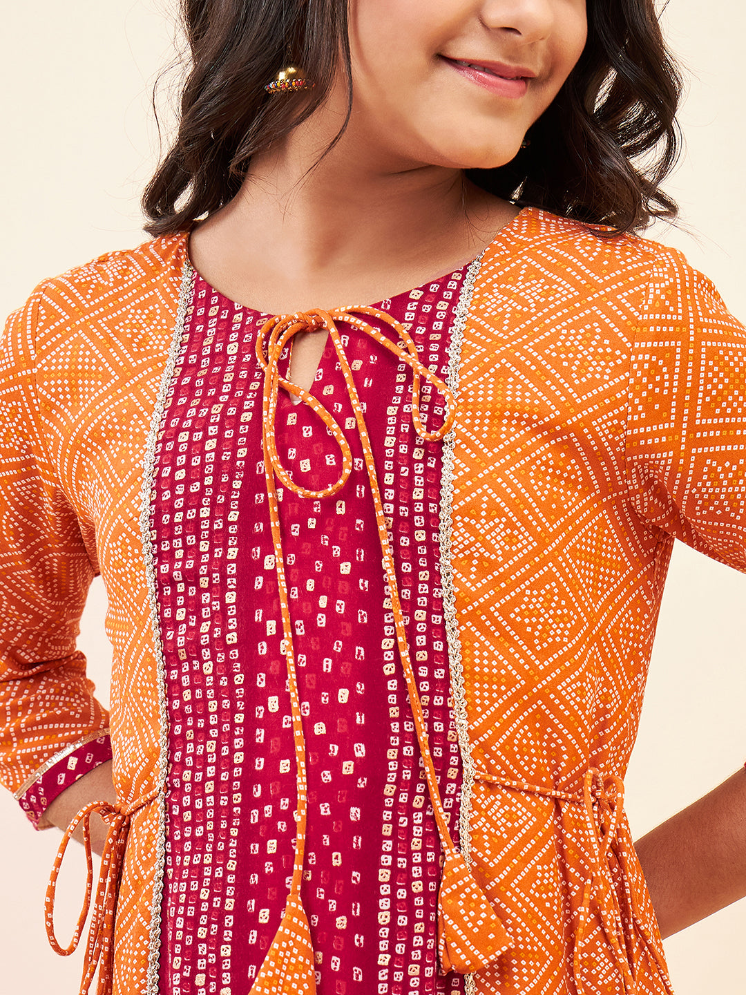 Girls Ankle Length Printed Kurti Set - Orange