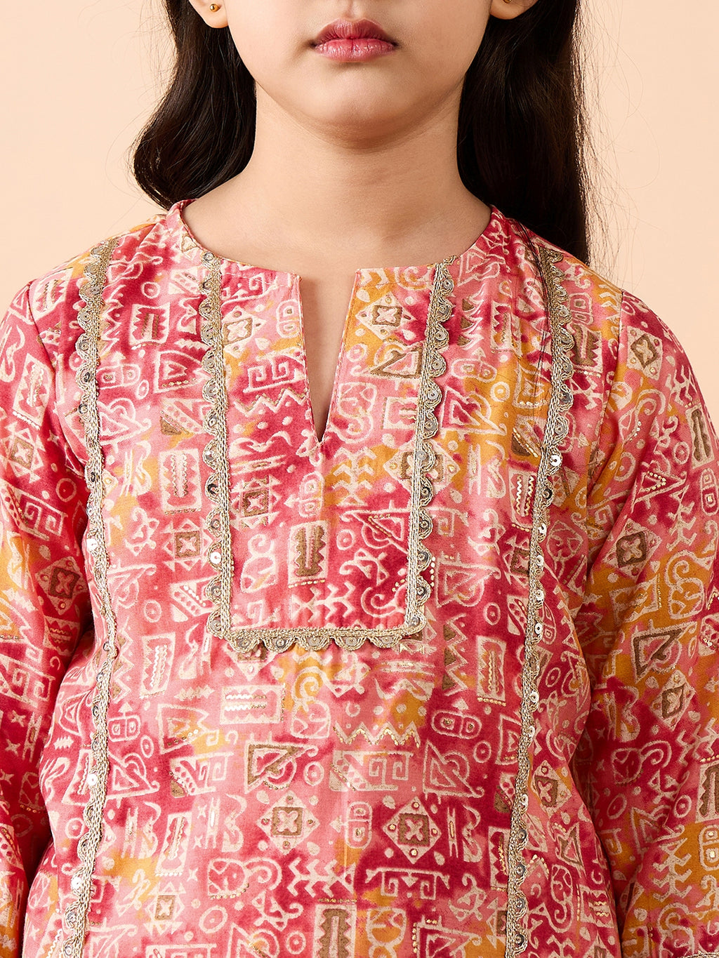 Girls Ankle Length All over Print Kurti Set - Peach