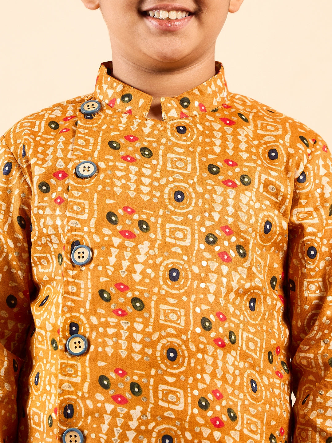 Boys Ankle Length Printed Kurta Set - Yellow
