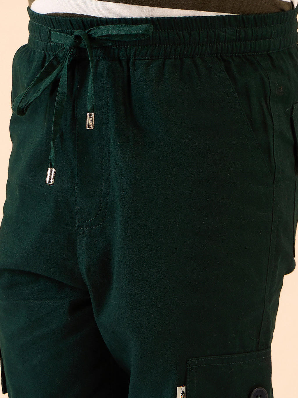 Boys Ankle Length Solid Cargo Pants - Green