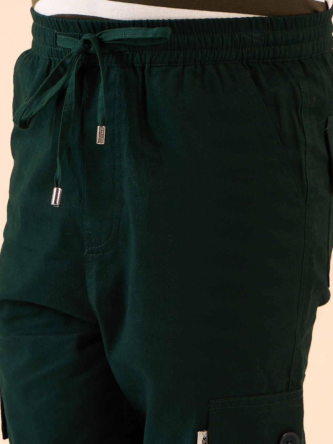 Boys Ankle Length Solid Cargo Pants - Green