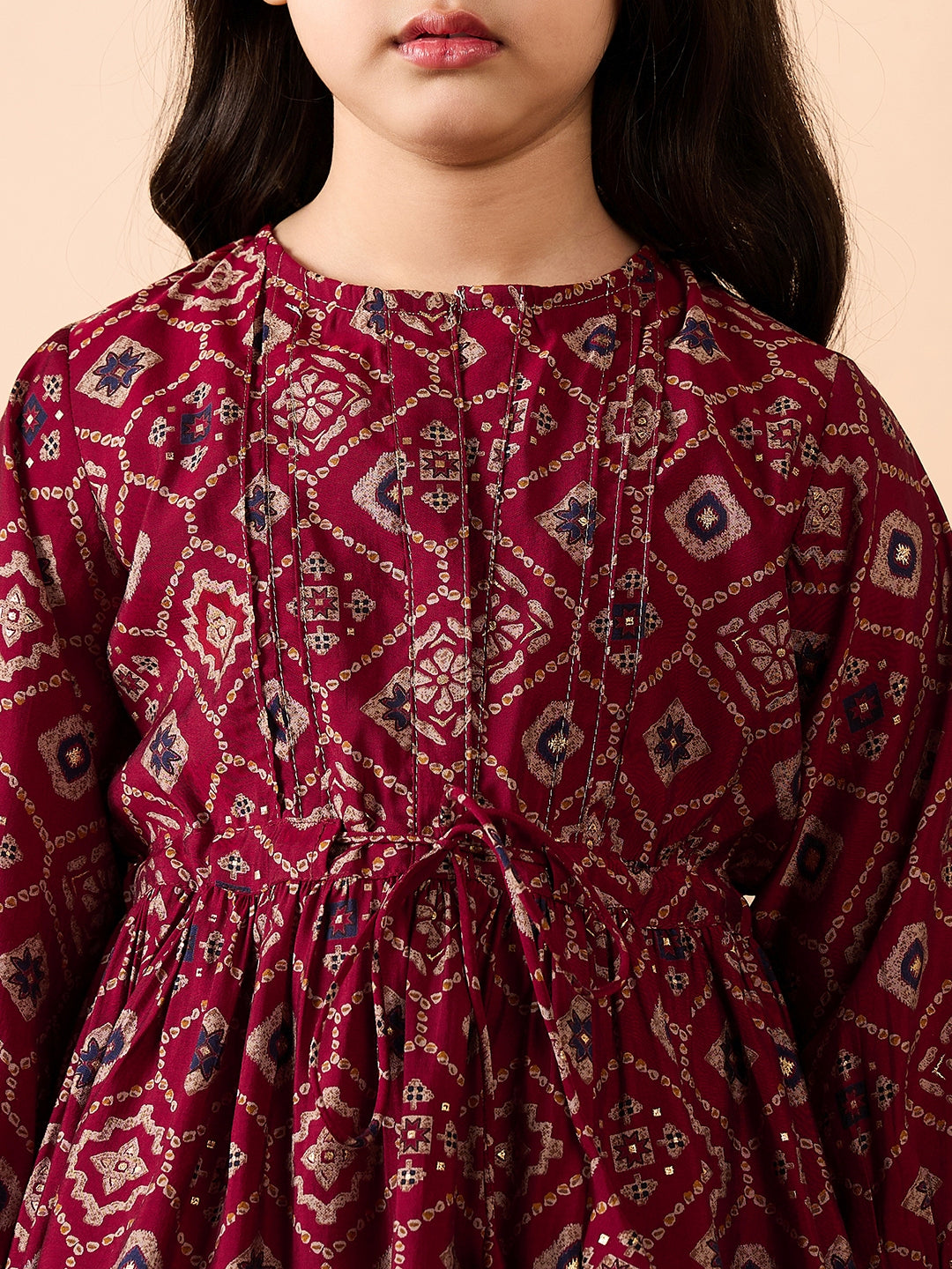 Girls Ankle Length All over Print Kurti Set - Red