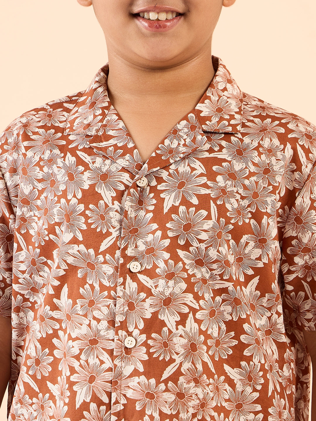Boys Above Knee Printed Shirt with Shorts - Brown