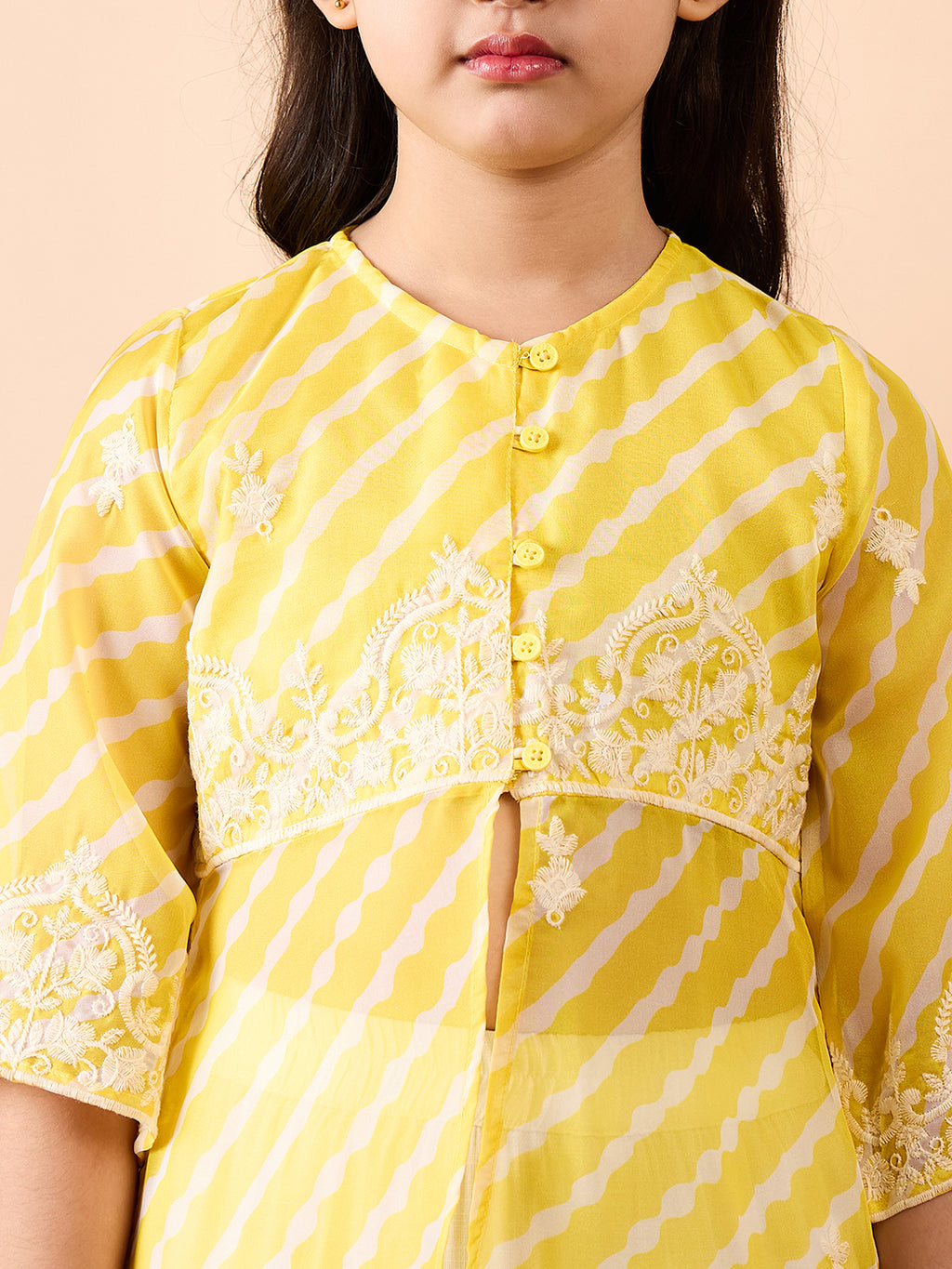 Girls Calf Length Printed Kurti Set - Yellow