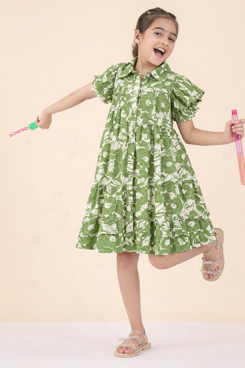 Girls Knee Length All over Print Dress - Green