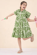 Girls Knee Length All over Print Dress - Green