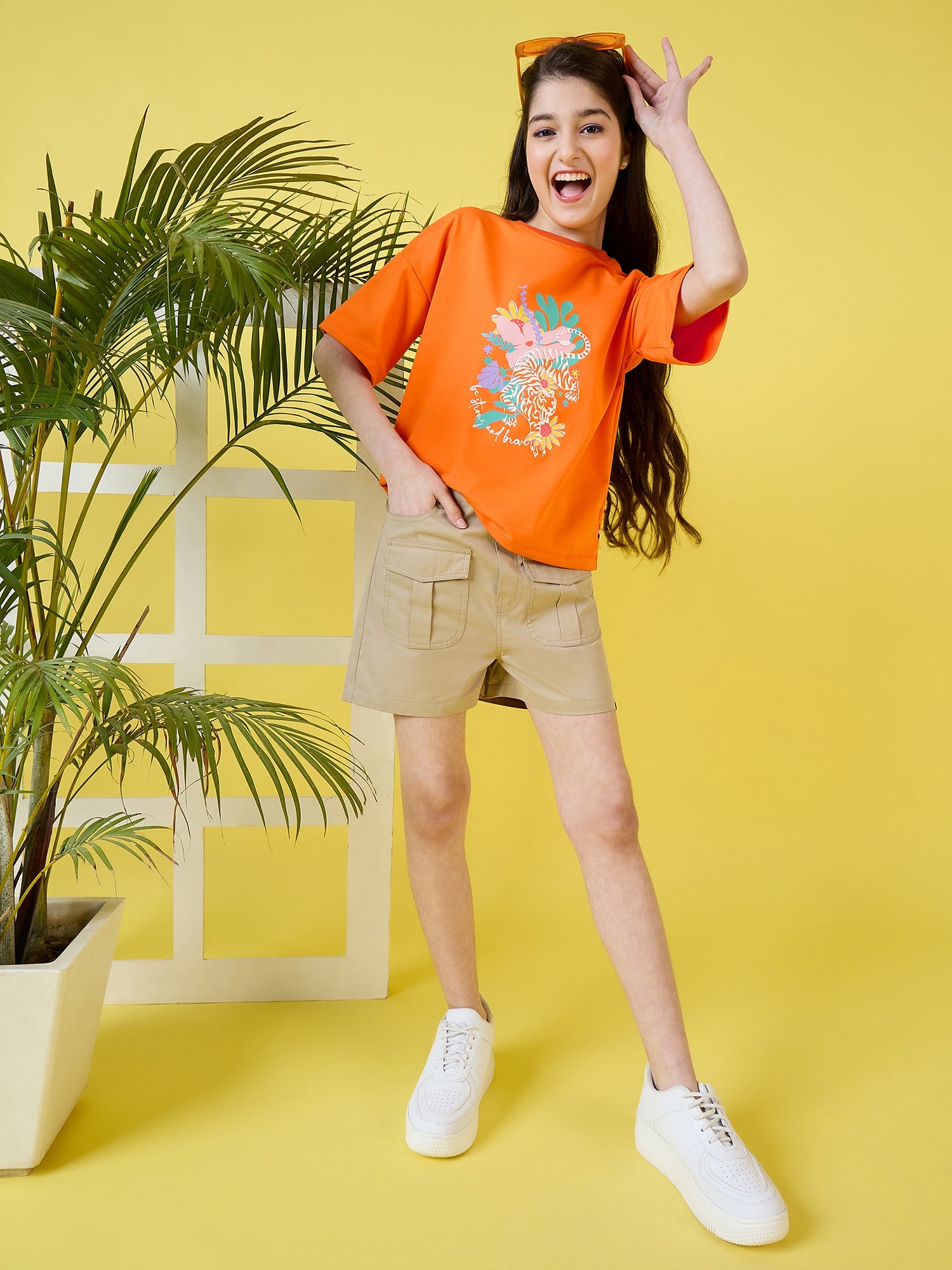 Girls Hip length Printed T-shirt - Orange