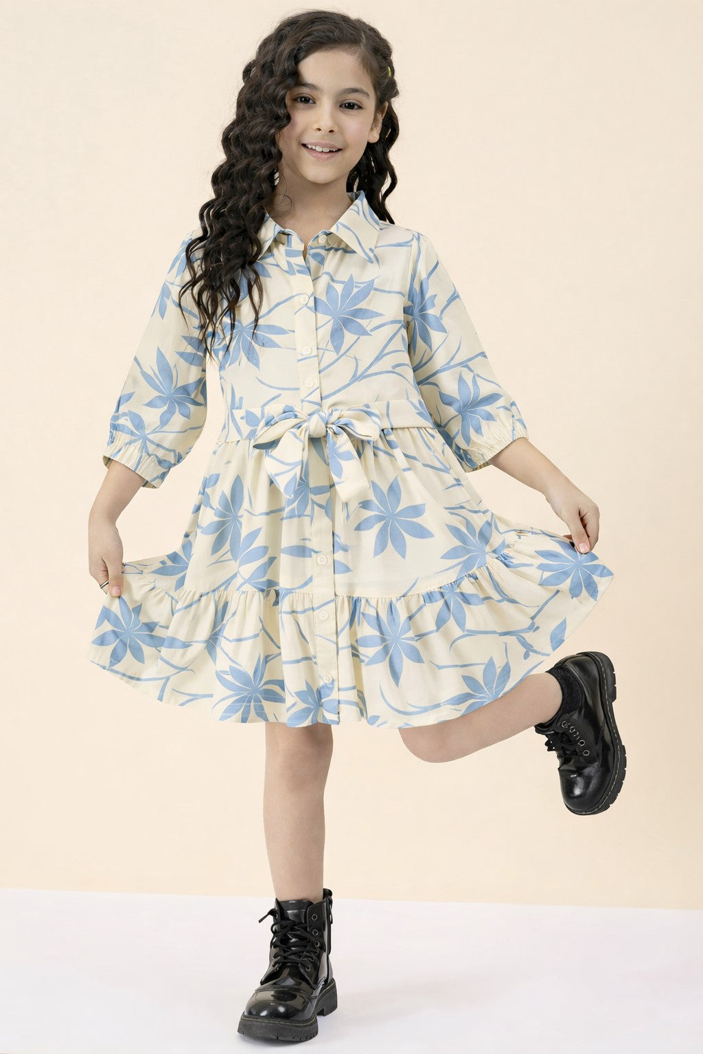 Girls Knee Length All over Print Dress - Off-White