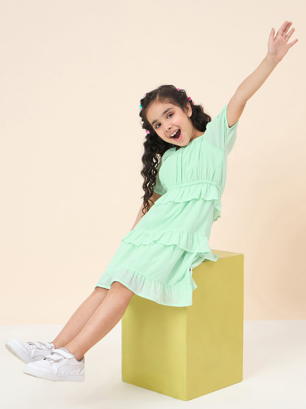Girls Knee Length Solid Dress - Green