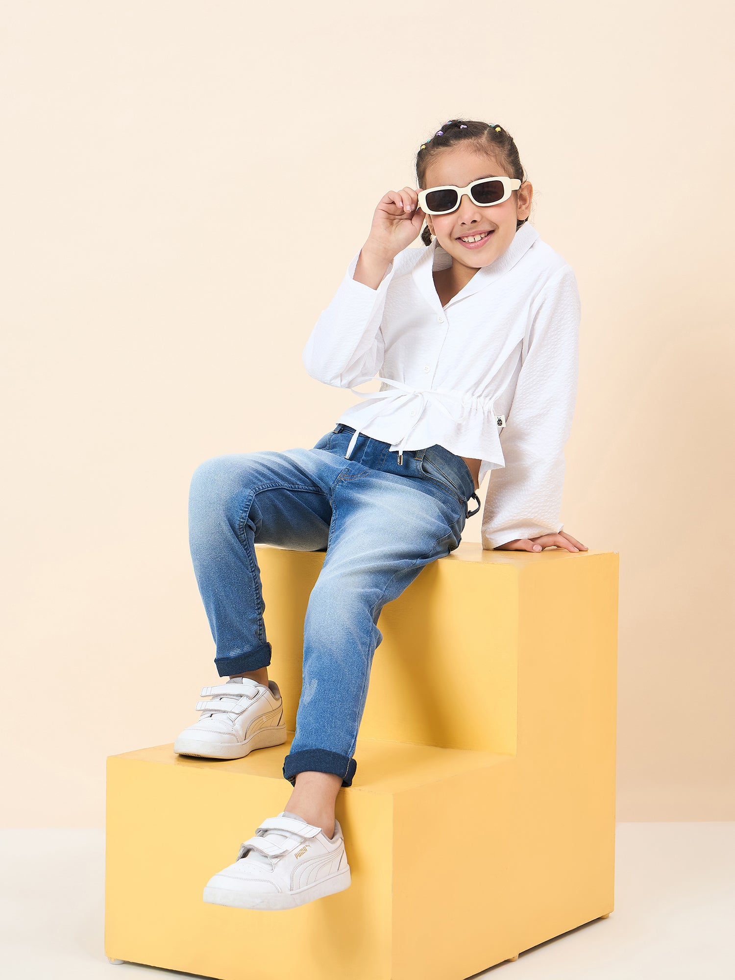 Girls Hip length Solid Top - White