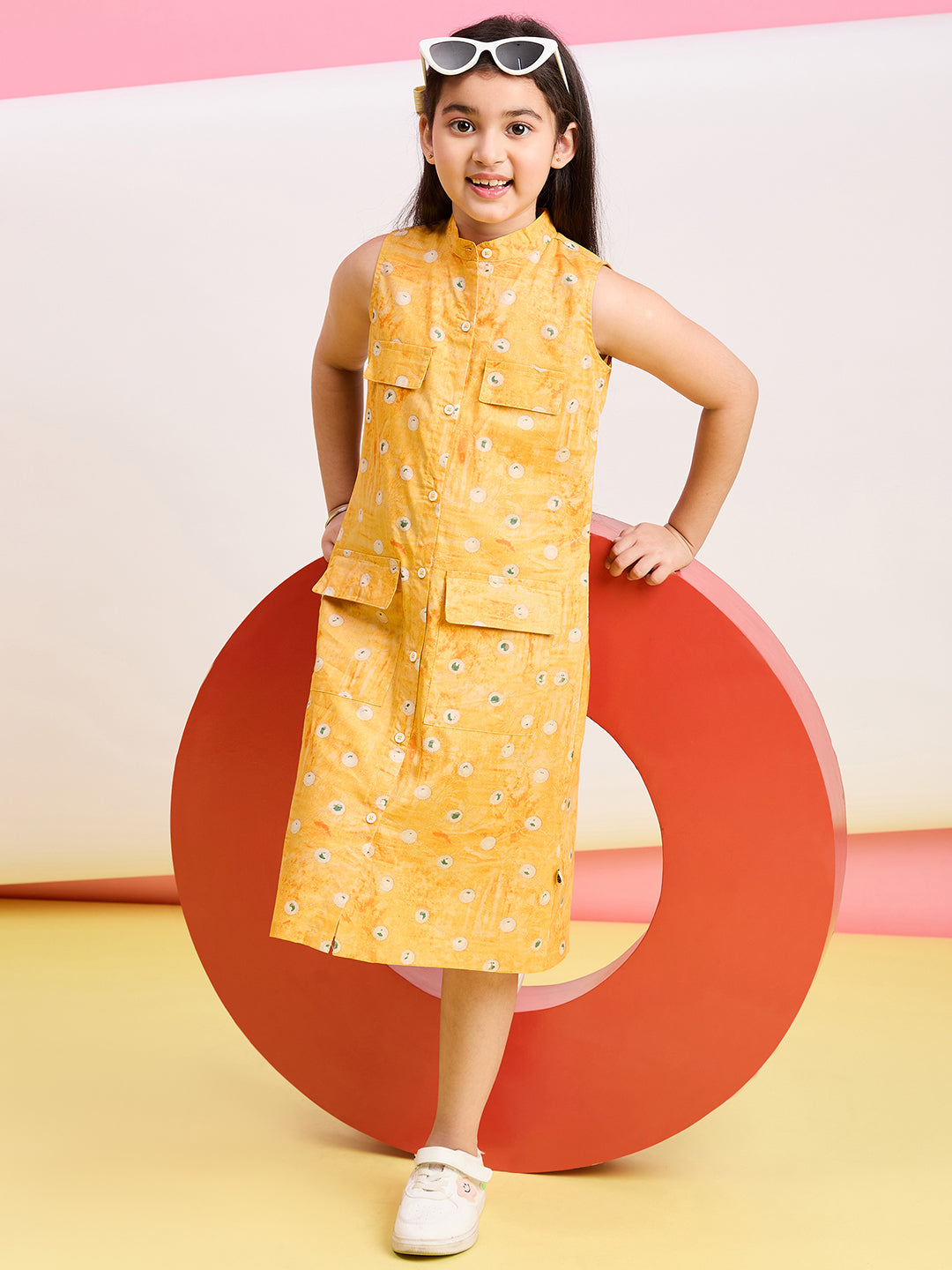 Girls Below Knee Printed Dress - Yellow